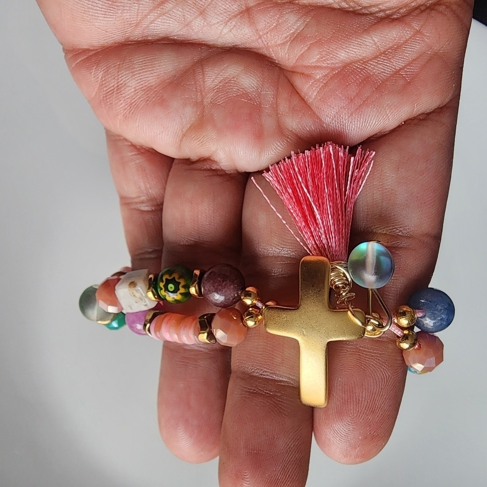 Vibrant Gold Cross Bracelet with Multicolor Beads